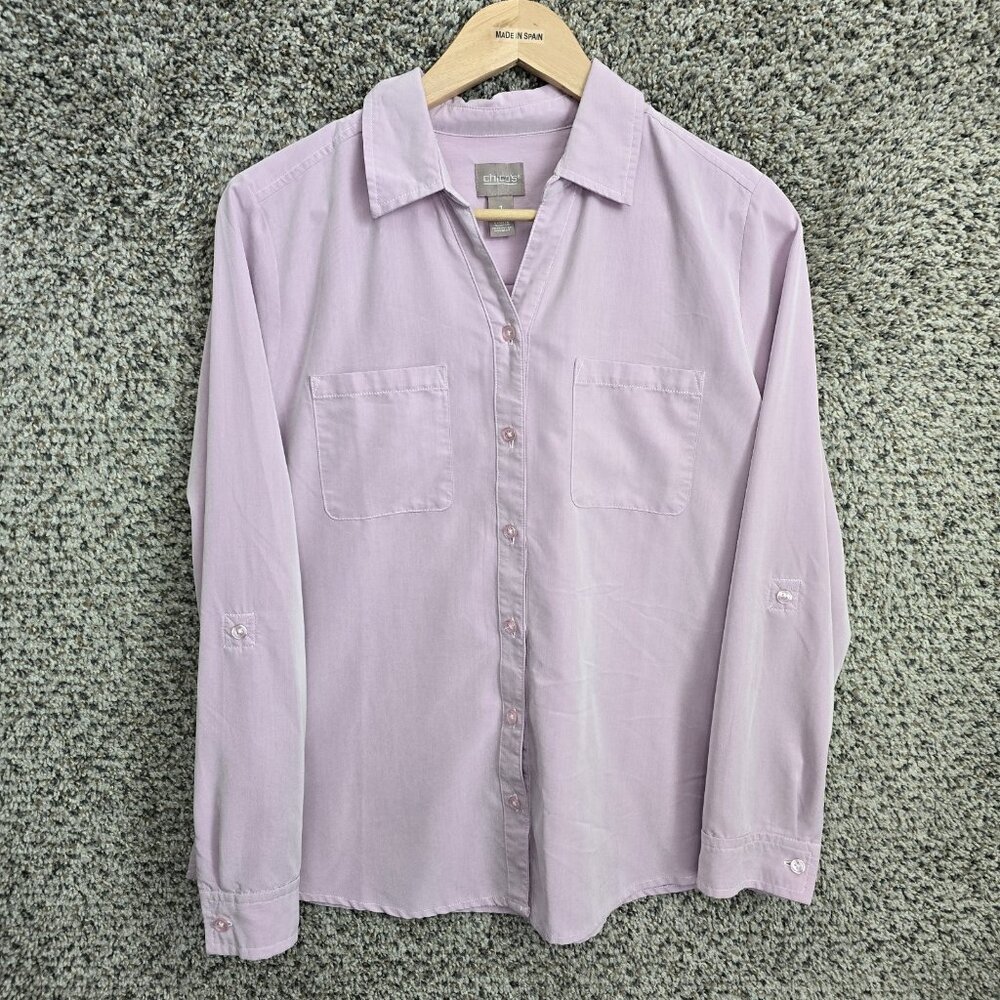 Chicos Top Womens 1 US Medium Purple Button Up Pockets Roll Tab Sleeve Casual